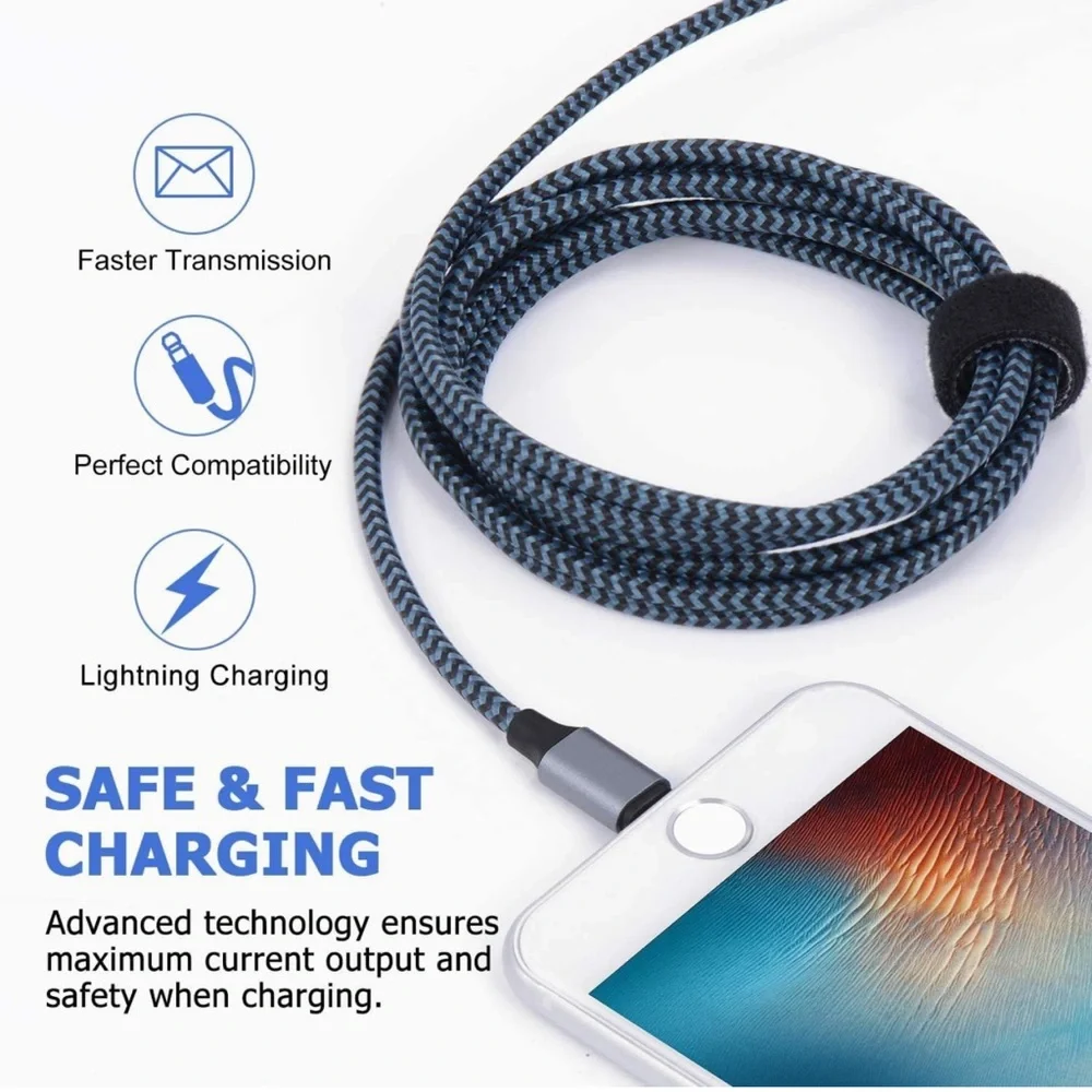 9ft Blk/Blue Lightning Cable iPhone Charger Cable Nylon Braided Charging Cord